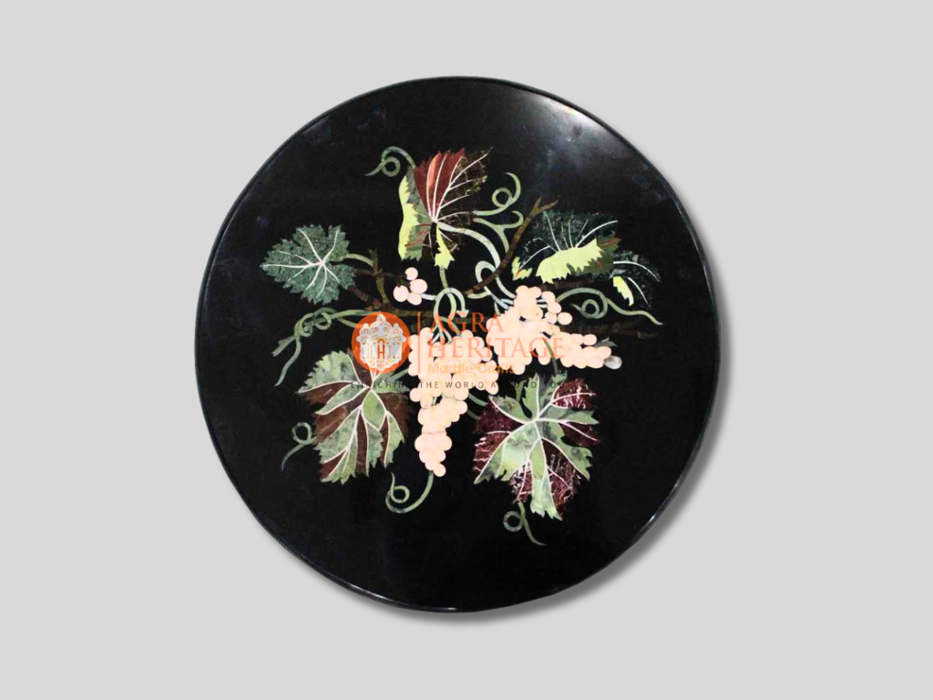 Round Black Table Top Semi Precious Floral Art Decor